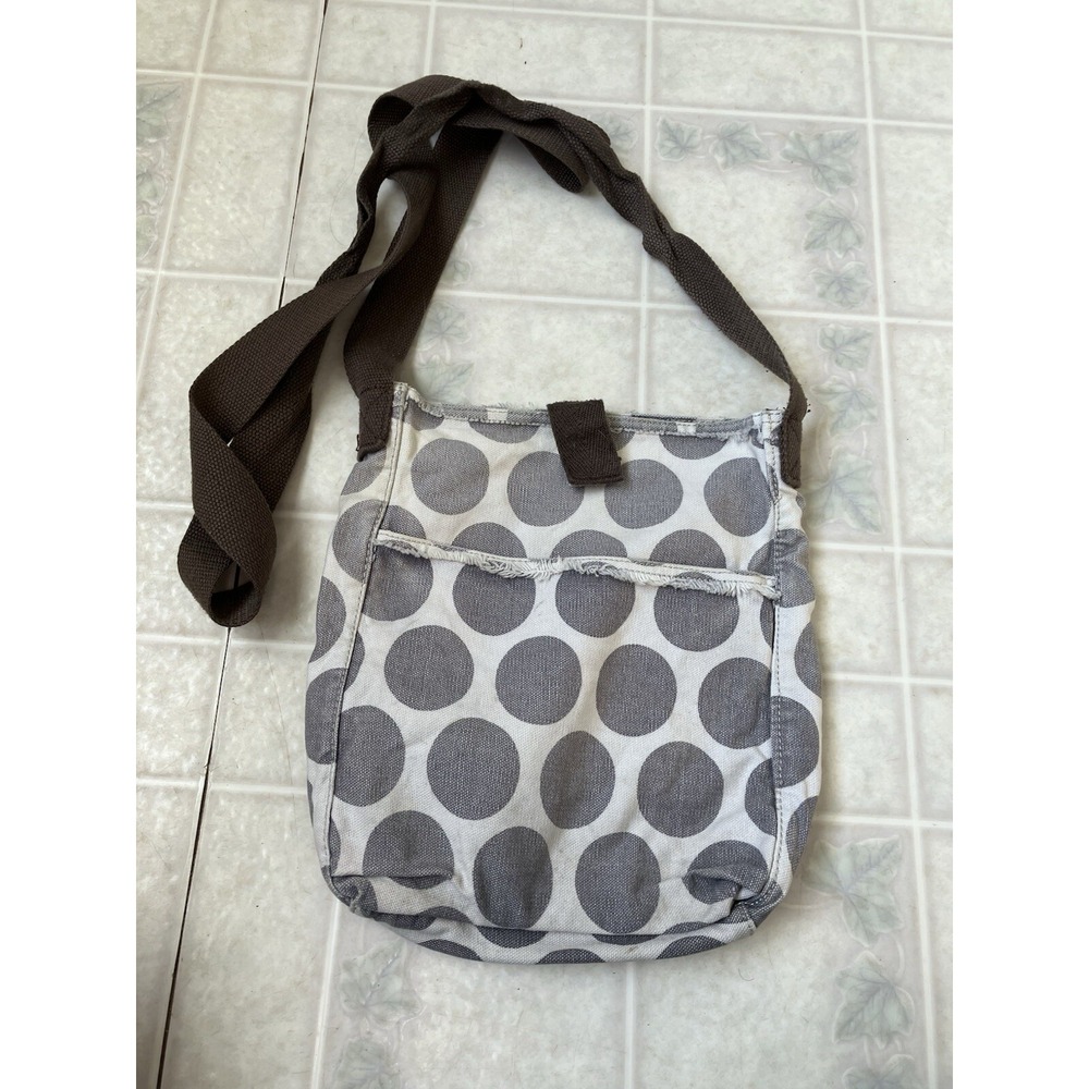 31 Thirty-One Retro Metro Crossbody Bag Cream with Gray Polka Dots Brown Strap